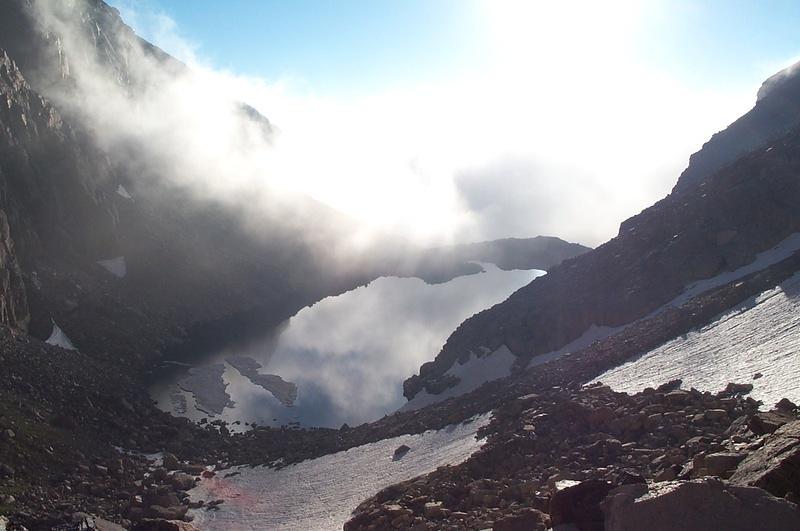 Looking down on Chasm Lake from the base of Lamb's Slide.