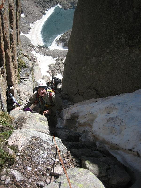 Me anchored in belaying Michael up the last bit of Kiener's chimney.