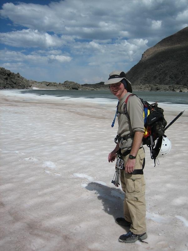 Finally finished with the miserable slog down Camel gully!  Walking across the North edge of Chasm Lake on the ice.