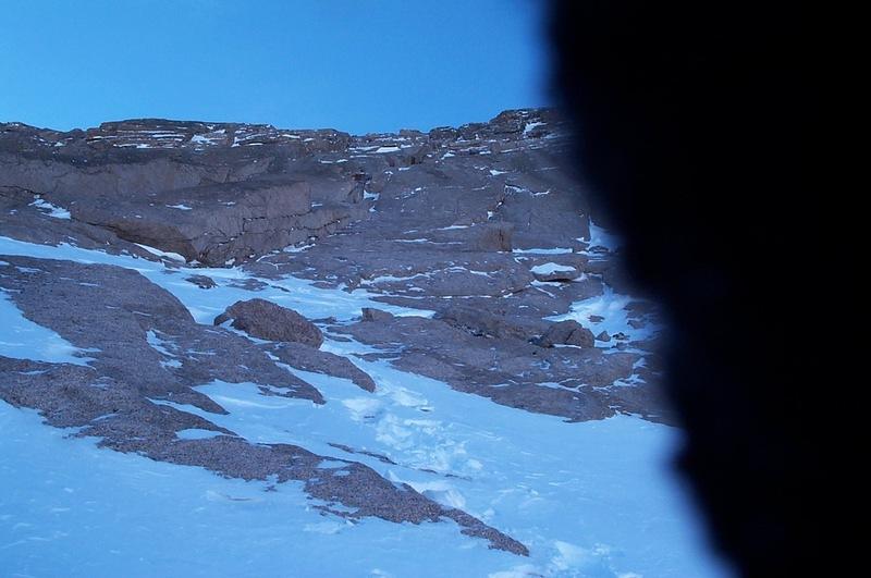 The highest point I got to is about 3/4 of the way up in the middle, right above the boulder with the patch of snow under it.