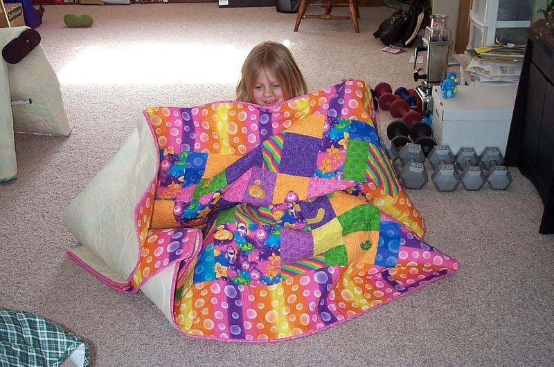 The colors on Hannah's quilt are very fun girl colors-purples & pinks