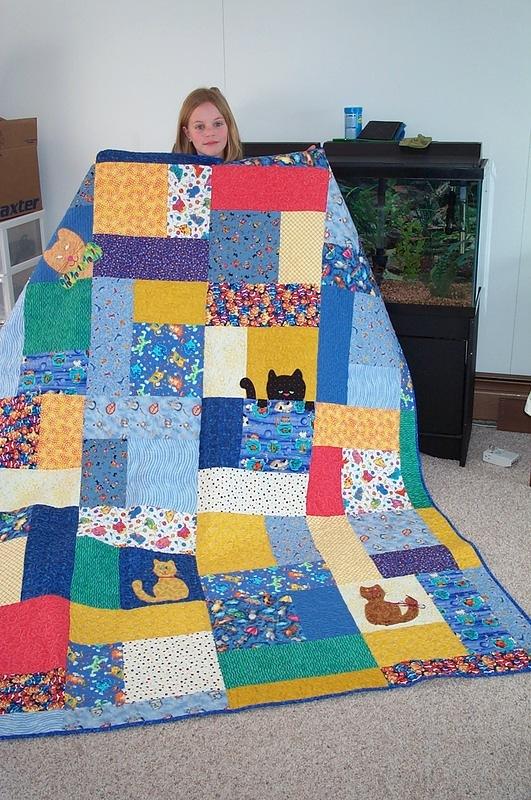 Different colors & shapes of cats decorate this quilt of primary colors.   Elizabeth has kitten wallpaper.