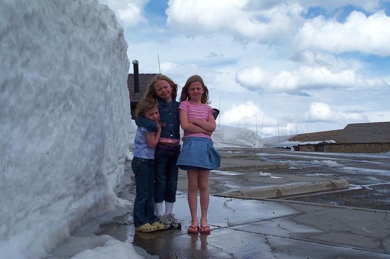 The girls in the visitor center parking lot, which was closed to cars.  The snow was deep in places.  A couple feet over the top