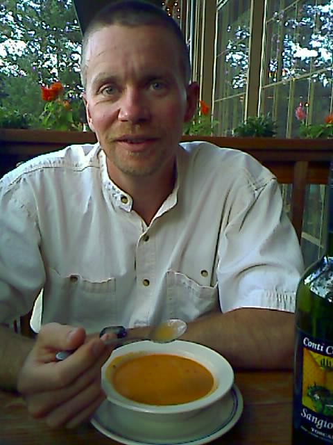 Alan samples his roasted red pepper soup