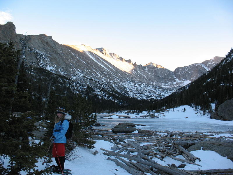 Elizabeth waits for us to find a way through the rocks and trees at the outlet of Mills Lake