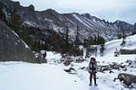 Alan posing as we started through the creek bed before Mills Lake, Longs in the background